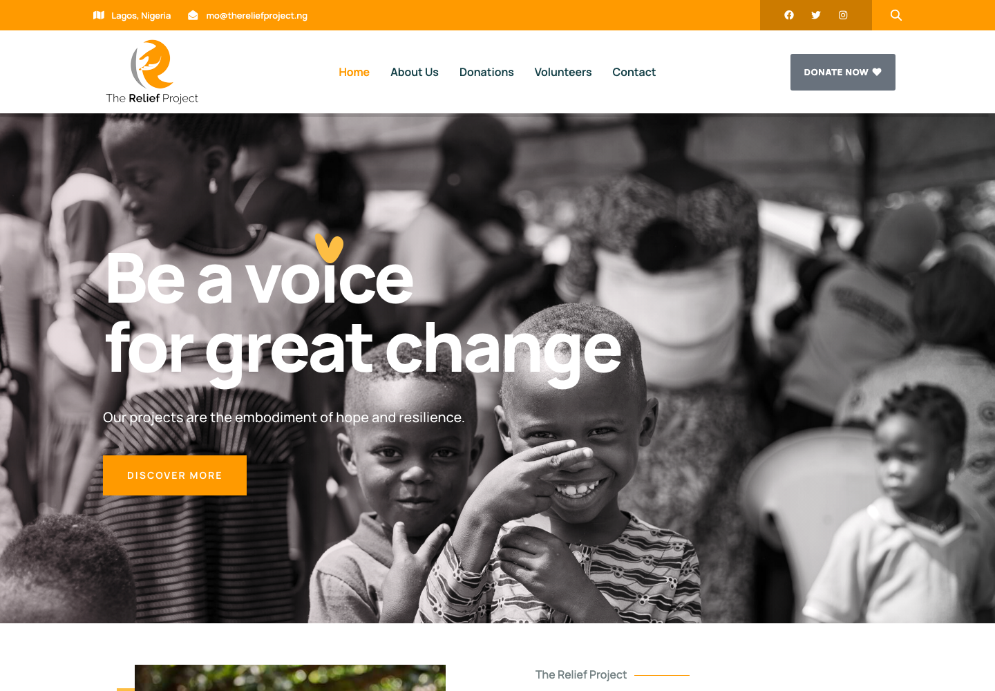 Screenshot of The Relief Project website homepage